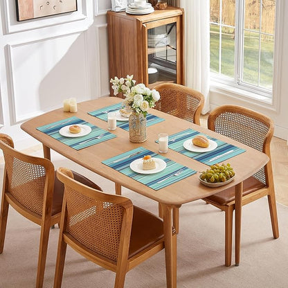LilyCat Linen Fabric Blue Stripes Placemats, Durable Boho Dining Table Mats for Kitchen, Rustic Vintage Washable Place Mats Set of 6, 18’’× 12’’