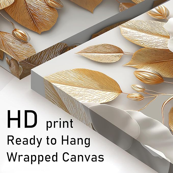 Tarfupth Floral Canvas Wall Art for Living Room Gold and White Flowers Large Botanical Artwork for Bedroom Office Home Decor Canvas Prints 29"x58"
