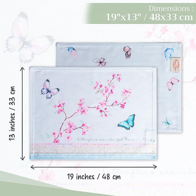 Maison d' Hermine Placemats Set of 4 100% Cotton Washable Cloth Place Mats, Reusable Table Mats for Kitchen Dining Decoration, Party, Wedding, Restaurant Spring/Summer (Blossoms in Spring, 13" x 19")
