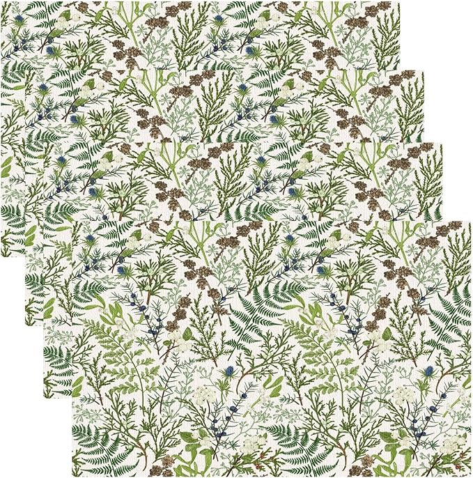 Retro Botanical Placemats Set of 8, 17x12 Inch Rustic Farmhouse Green Leaves Vintage Plants Aesthetic Table Mats for Home Party Kitchen Dining Decor