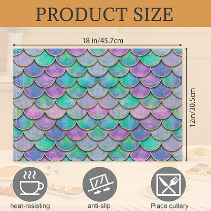 Mermaid Purple Placemats Set of 6,Washable Heat Resistant 12×18 Inch Linen Table Mats Fish Scales Place Mats for Party Outdoor Dining Décor