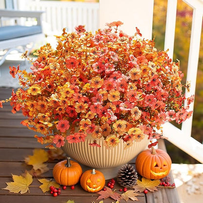 HyeFlora Artificial Fall Flowers Faux Mums for Outdoor Indoor Garden Home Decoration, Faux Flower Daisy with Eucalyptus Leaves Fake Mums Plants Greenery Boxwood Porch Patio, 12 Bundles