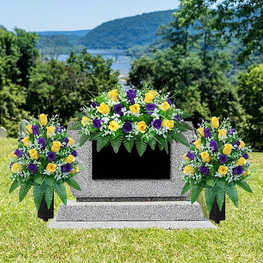 Artificial Cemetery Flowers Saddle-Shaped Tombstone Decorations Non-Fading UV-Resistant（ Yellow+Purple Saddle）