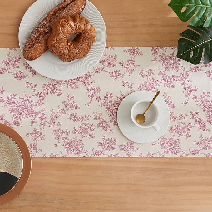 100% Cotton French Pastoral Table Runners, 13x48 Inch Pink Farmhouse Table Runners 48 Inches Long, Vintage Flowers Print Home Decors