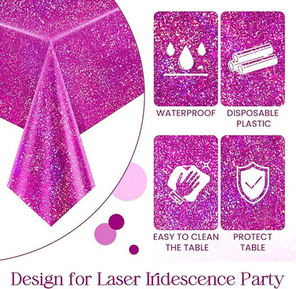 2 Pcs Fuchsia Red Holographic Plastic Tablecloths Laser Table Covers 40" x 108" Foil Disposable Table Cloths for Themed Birthday Party Wedding Christmas Holiday Party Decorations