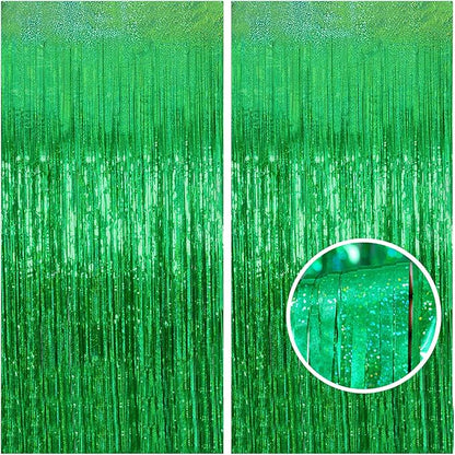 Melsan Foil Curtain Backdrop, 2 Pack 3.2 ft x 8.2 ft Tinsel Foil Fringe Curtains, Sparkle Metallic Foil Fringe Curtains for Christmas Party Decorations Photo Booth Props Decoration, Green