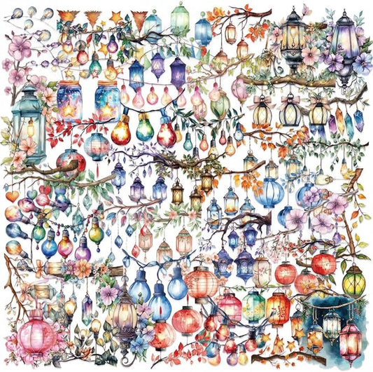 50PCS Watercolor String Light Stickers - Transparent PET Waterproof Lantern Decals for DIY Crafts, Journals, Bottles, Phone Cases