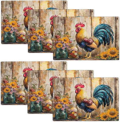 Farmhouse Rooster Placemats Set of 6, Rustic Chicken Place Mats, Sunflower Dining Table Mats, Washable Placemats for Kitchen Dining Room Home Decor 18L'' × 12W''