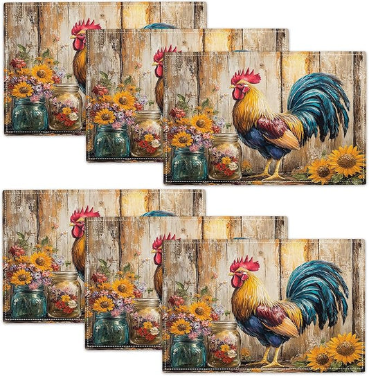 Farmhouse Rooster Placemats Set of 6, Rustic Chicken Place Mats, Sunflower Dining Table Mats, Washable Placemats for Kitchen Dining Room Home Decor 18L'' × 12W''