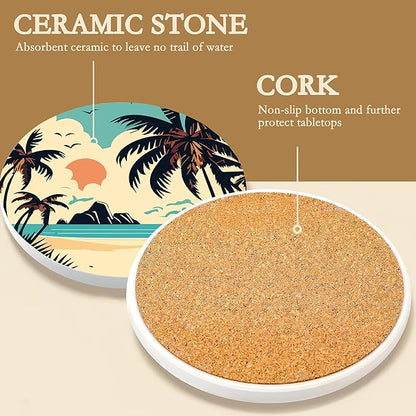 Drink Coasters with Holder,6 Pcs Palm Trees Beach Sunset Absorbent Ceramic Drink Pads, Non-Slip Table Protectors for Coffee & Glasses