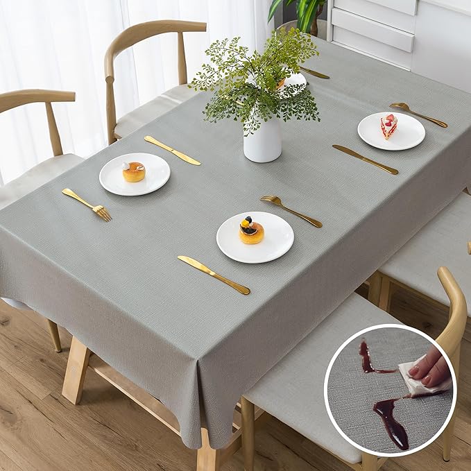 Rectangle Table Cloth,100% Waterproof Tablecloth Oil Proof Spill Proof Vinyl Table Cloth, Wipe Clean Plastic Table Cover for Dining, Camping, Indoor and Outdoor 52" x 70",Grey