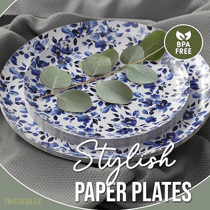 Trendables Heavy Duty Paper Plates Set For 16 Guests - 16 Each Of 8-inch And 10-inch Disposable Plates For Party - Fancy 32 Piece Dinnerware Set For All Occasions | Floral Design, Bluebelle