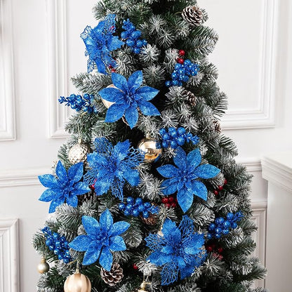 24Pcs Royal Blue Glitter Poinsettia Christmas Tree Ornaments and Glitter Berries Stems, 16Pcs Christmas Artificial Flowers and 8 Pack Christmas Tree Picks for Wedding Holiday Decorations