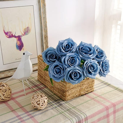 Artificial Rose 10pcs Open Flower Bouquet Faux Rose Stems for Wedding Arrangement, Bridal Bouquet, Centerpiece, Fake Faux Silk Flowers (Dusty Blue)