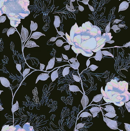 Black White Blue Floral Peel and Stick Wallpaper Flowers Contact Paper 17.5"x118" Self Adhesive Waterproof Vintage Dark Floral Wall Paper for Shelf Liner Cabinet Decor