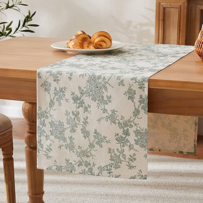 100% Cotton French Pastoral Table Runners, 13x72 Inch Vintage Green Farmhouse Table Runners 72 Inches Long, Vintage Flowers Print Home Decors