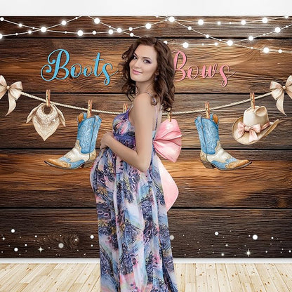 Riyidecor Boots or Bows Gender Reveal Backdrop Polyester Fabric Boy or Girl Baby Shower 7Wx5H Feet Rustic Western Wood Cowboy Hat Cowgirl Photography Background Newborn Photo Studio Shoot