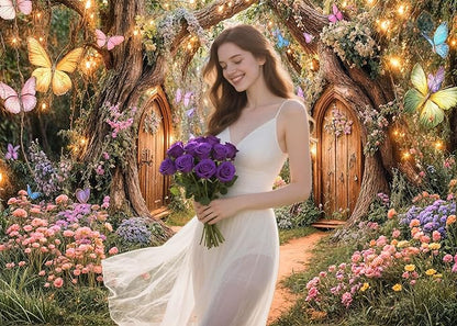7X5ft Enchanted Forest Backdrop Fairy Tale Magic Garden Wonderland Floral Butterfly Photography Background for Kids Girls Baby Shower Birthday Party Decoration Cake Table Photo Booth Props