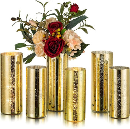 Glasseam Gold Cylinder Vases for Centerpieces: 6 Modern Mercury Hurricane Glass Vase Set for Flowers - Decorative Golden Pillar Candle Holders for Wedding Party Dining Room Table Decor