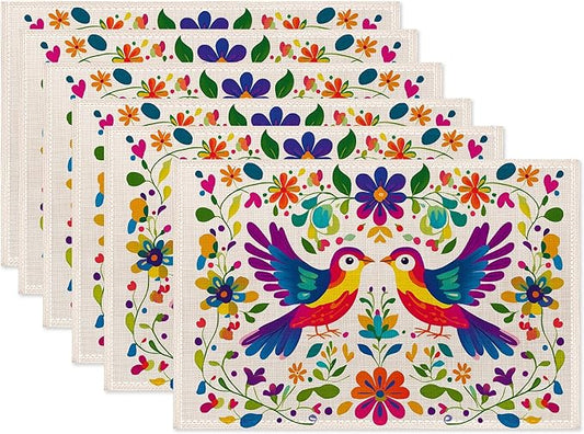 Colorful Bird Table Mats Set of 6,Mexican Style Non-Slip Washable Placemats for Restaurant Home Kitchen Dinner Table 12x18Inch