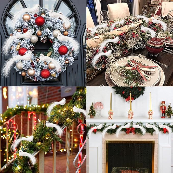 Cosweet 12 Pcs Artificial Christmas Dove Birds with Clip, White Feather Xmas Tree Ornament Wreath Flower Arrangement Supplies for Party Wedding Decor DIY Craft Gifts