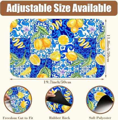 Lemon and Blue Tile Dish Drying Mat for Kitchen Counter Coffee Bar Mat Hide Stain Absorbent Rubber Backed Drying Rack Pad Espresso Machine Coffee Bar Accessories 11.8 x 19.7 Inch