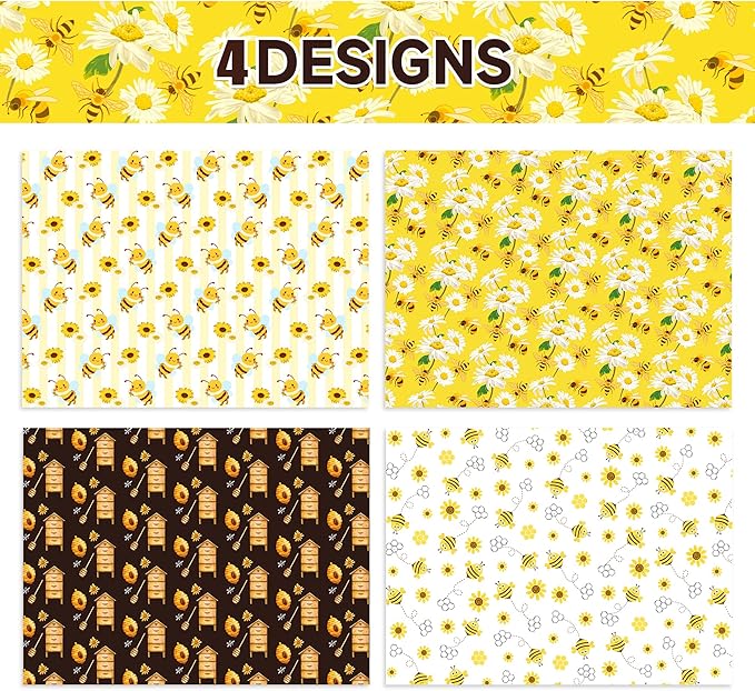 Jajajuegos 12 Sheets Bee Wrapping Paper Set - Yellow Black Bee Honeycomb Pattern - Gift Wrapping Paper for Winter Baby Shower, Birthday Party Decorations - 4 Designs, 20'' x 27''