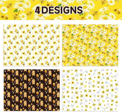 Jajajuegos 12 Sheets Bee Wrapping Paper Set - Yellow Black Bee Honeycomb Pattern - Gift Wrapping Paper for Winter Baby Shower, Birthday Party Decorations - 4 Designs, 20'' x 27''
