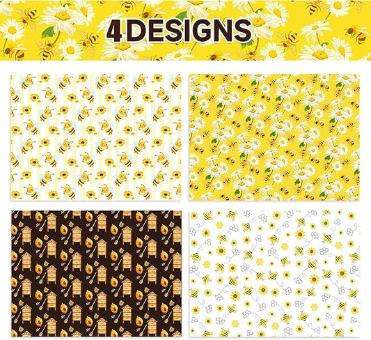 Jajajuegos 12 Sheets Bee Wrapping Paper Set - Yellow Black Bee Honeycomb Pattern - Gift Wrapping Paper for Winter Baby Shower, Birthday Party Decorations - 4 Designs, 20'' x 27''
