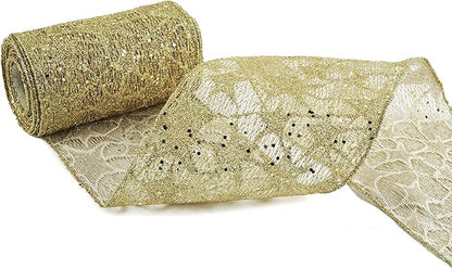 MEEDEE 6 Inch Wide Wired Ribbon Gold Glitter Mesh Web Wired Edge Ribbon by 10 Yards Roll Gold Mesh Wired Ribbons for Christmas Tree, Garland, Holiday Crafts, Wreaths, Bows, Centerpiece, Gift Wrapping