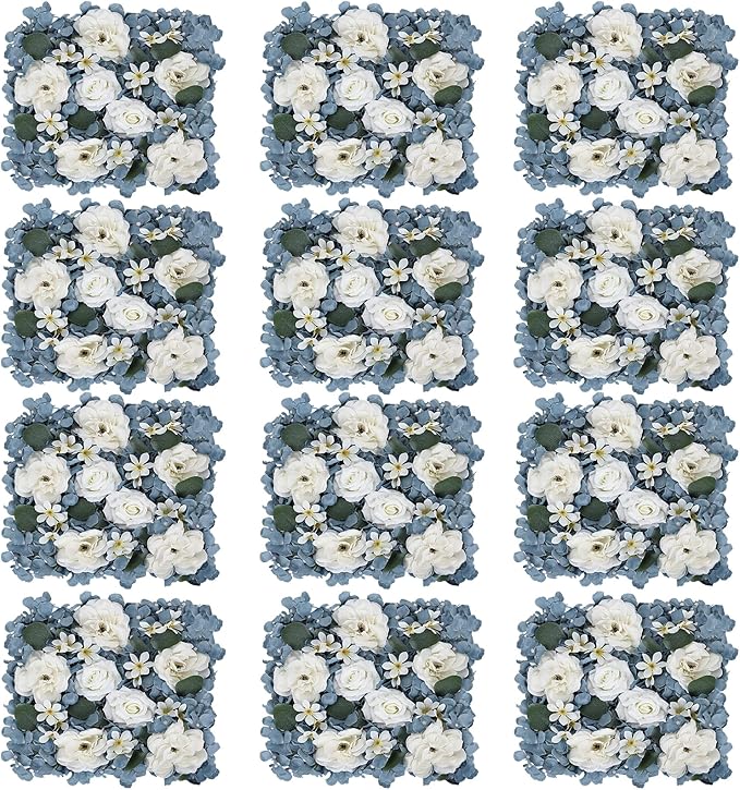 Pack of 12 Artificial Silk Flower Panels, Faux Floral Wall Background for Wedding Party Engagement Bridal Shower Arrangement Home Decorations - Dusty Blue & White