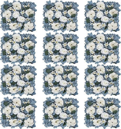 Pack of 12 Artificial Silk Flower Panels, Faux Floral Wall Background for Wedding Party Engagement Bridal Shower Arrangement Home Decorations - Dusty Blue & White