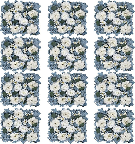 Pack of 12 Artificial Silk Flower Panels, Faux Floral Wall Background for Wedding Party Engagement Bridal Shower Arrangement Home Decorations - Dusty Blue & White