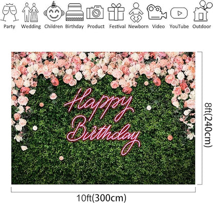 Riyidecor Happy Birthday Backdrop Vinyl for Women Neon Flower Wall Pink Rose Green Leaves Floral Blossom Botanical Plant Nature 10Wx8H Feet Girls Photography Background Birthday Photo Studio Shoot