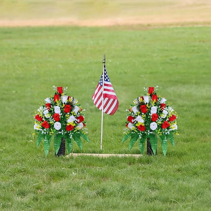 Artificial Cemetery Flowers, Gravesite Decoration Roses, Memorial Bouquets with Cemetery Vase, Vibrant and Long-Lasting Colors (Red + White, 2 Bundles)