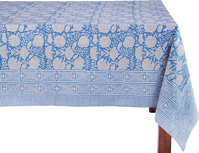ATOSII Azora Blue 100% Cotton Rectangle Summer Tablecloth, Block Print Floral Table Cloth for Dining, Outdoors, Parties, Weddings I Grand Millenial Decor 60 X 90 Inches I 6 Seater I Memorial Day