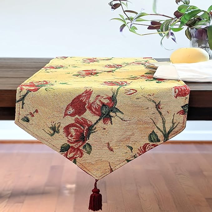 Tache Floral Red Roses Birds Golden Woven Table Runner - Vintage Tapestry Kitchen Dining Dinner Linens Cloth - 13 x 72 inches