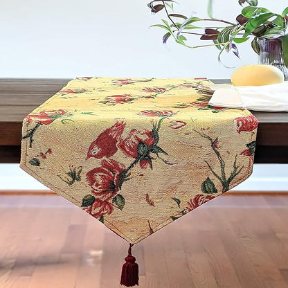 Tache Floral Red Roses Birds Golden Woven Table Runner - Vintage Tapestry Kitchen Dining Dinner Linens Cloth - 13 x 72 inches