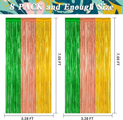 8 Pack Hawaiian Party Decorations, 3.28 FT x 7.05 FT Luau Party Decorations, Green Brown Yellow Backdrop Fringe Curtains Foil Streamer, Metallic Summer Decor Photo Booth Props