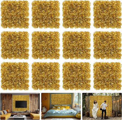Flower Wall Backdrop12 pcs 16.5x16.5 Inch Floral Wall Panel Artificial Silk Rose Wall Decor Ideal for Wedding Celebrations, Festive Party Backdrops, and Home Decor-Gold