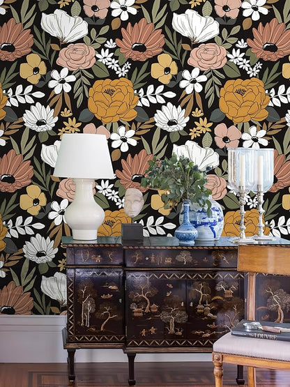 Floral Peel and Stick Wallpaper Black Removable Wallpaper Dark Boho Renter Friendly Textured Wallpapers for Bedroom Stick On Contact Paper for Locker Cabinet 17.5 x 118 in