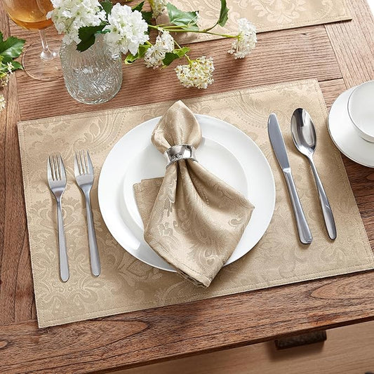 Elrene Home Fashions Caiden Elegance Damask Waterproof, Stain & Wrinkle Resistant Fabric Placemats (Set of 4), 13" x 19", Taupe