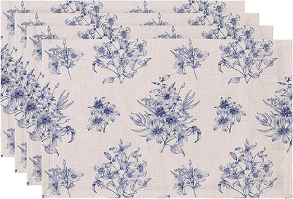 LilyCat Linen Fabric Blue Floral Placemats, Waterproof Durable Boho Dining Table Mats for Kitchen, Rustic Vintage Washable Place Mats Set of 4, 18’’× 12’’