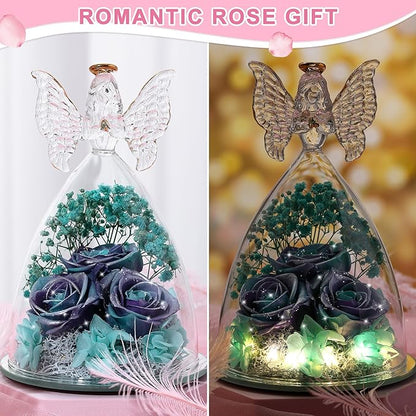 Christmas Rose Gifts for Women Preserved Real Flower in Glass Angel Figurines Roses for Delivery Prime Birthday Gifts for Mom Grandma Girlfriend Wife Her, GlitterPurpleAquablue