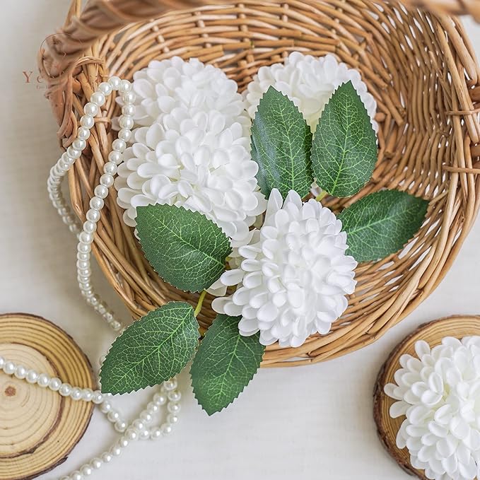 Artificial Dahlia Flowers, 50pcs White Fake Roses with Stem for DIY Wedding Bouquets Centerpieces Arrangements Bridal Shower Party Home Decorations