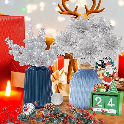 Zhuqing 22Pcs Christmas Poinsettia Artificial Flowers and Glitter Berries Stems Kit, 16Pcs Christmas Tree Flowers Ornaments and 6 Pack Christmas Tree Picks for Wedding Holiday Decorations (Silver)