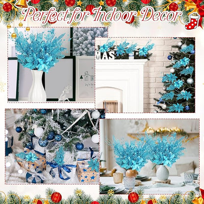 18 Pack 3 Styles 17 Inch Christmas Glitter Poinsettia Berry Stems Ornaments Artificial Floral Branches Picks for Christmas Tree Home Vase Holiday Party Decor(Lake Blue)