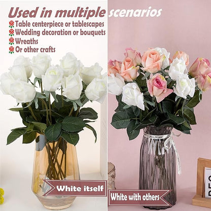 12pcs Half Opened Artificial Rose Buds,17 Inch Real Touch Silk Roses with Partially Opened Flowers, Artificial Flower for Home Décor Centerpiece Wedding Bouquet,White