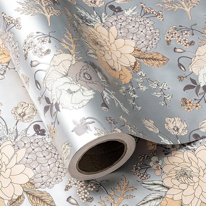 WRAPAHOLIC Jumbo Reversible Floral Wrapping Paper - 24 Inch X 100 Feet Jumbo Roll Pearlized Vintage Floral Design, Perfect for Wedding, Birthday, Mother's Day