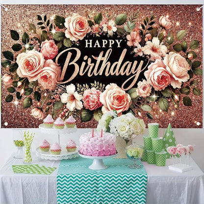 Happy Birthday Backdrop Banner Rose Gold Glitter Floral Photography Background for Women Girls Lady Wedding Baby Shower Birthday Supplies Photo Props Party Decorations Cake Table 6x4ft